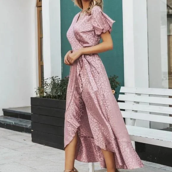 Simplee Dusty Pink Leopard Asymmetrical Ruffle Hem Wrap Belted Satin Dress Sz L - Picture 2 of 14